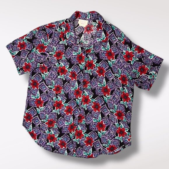 Vintage 80’s Fritzi Shirt Sleeve Button Down Shirt Floral Hawaiian Style Large - Picture 8 of 9